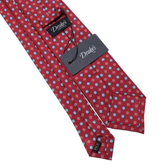 Drake's NWT Neck Tie in Red with Light Blue & White Geometric Pattern 100% Silk